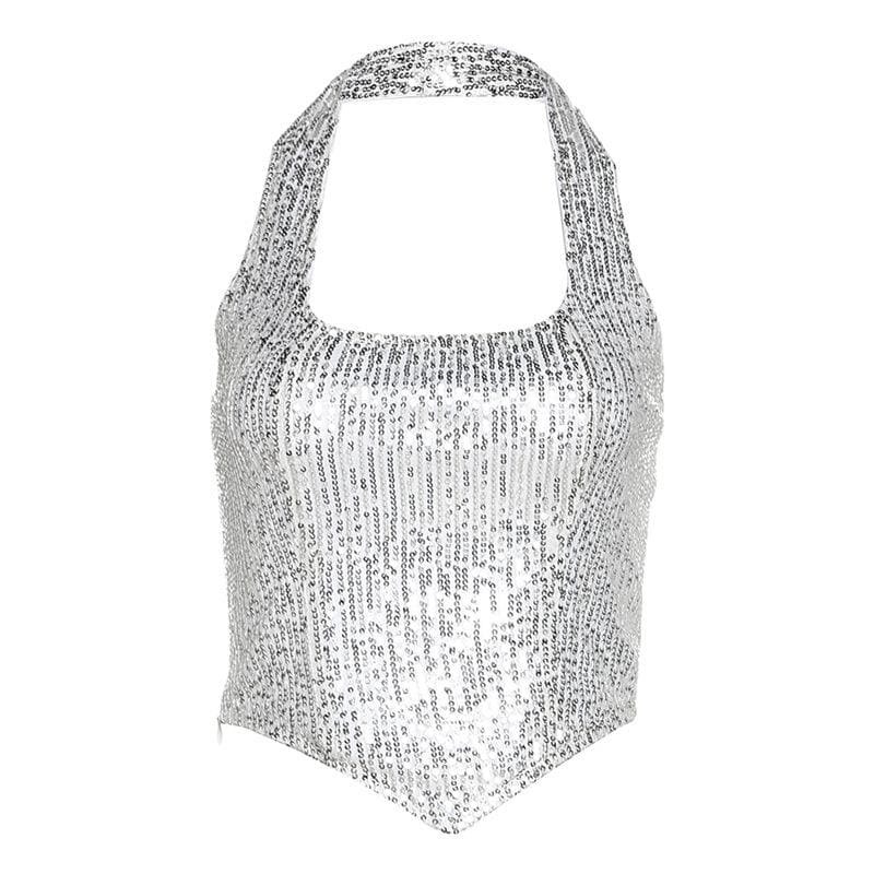 Chic Y2K Beaded Halter Backless Crop Top - Solid Sleeveless for Coquette & Grunge Aesthetics
