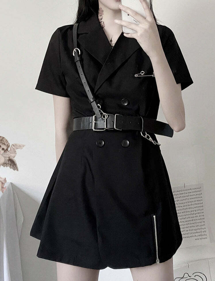 Chic Y2K Black Blazer Dress with Belt - Coquette & Grunge Aesthetic Fashion Statement