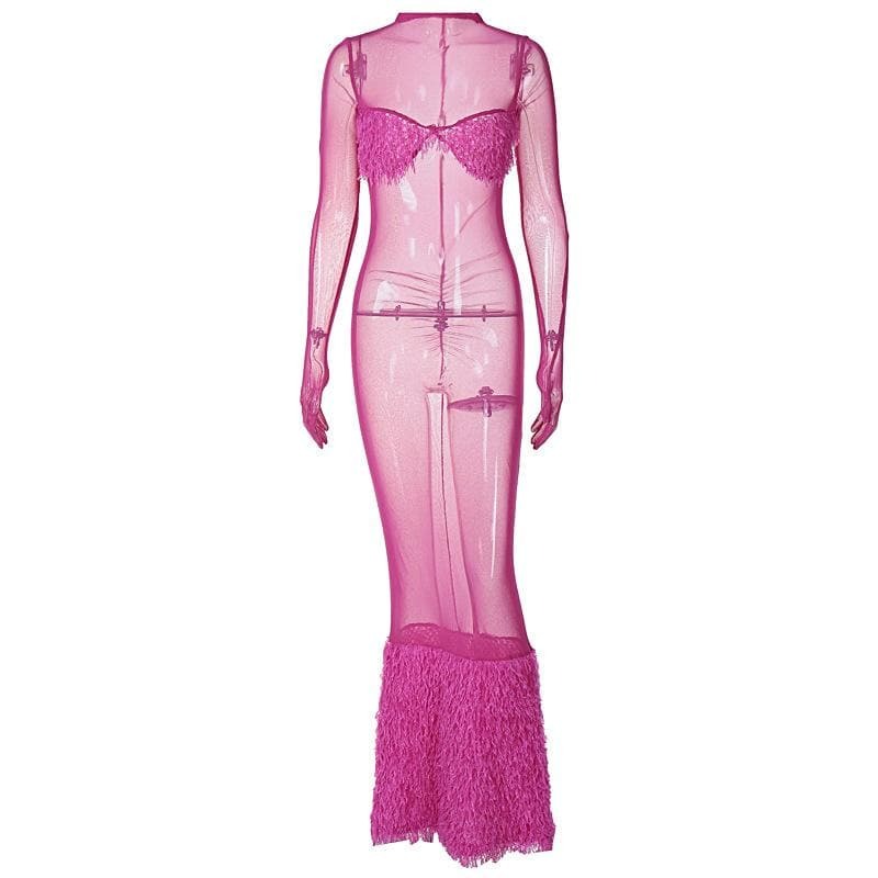 Chic Y2K Feather Mesh Maxi Dress with Long Sleeve Gloves - Coquette & Grunge Aesthetic