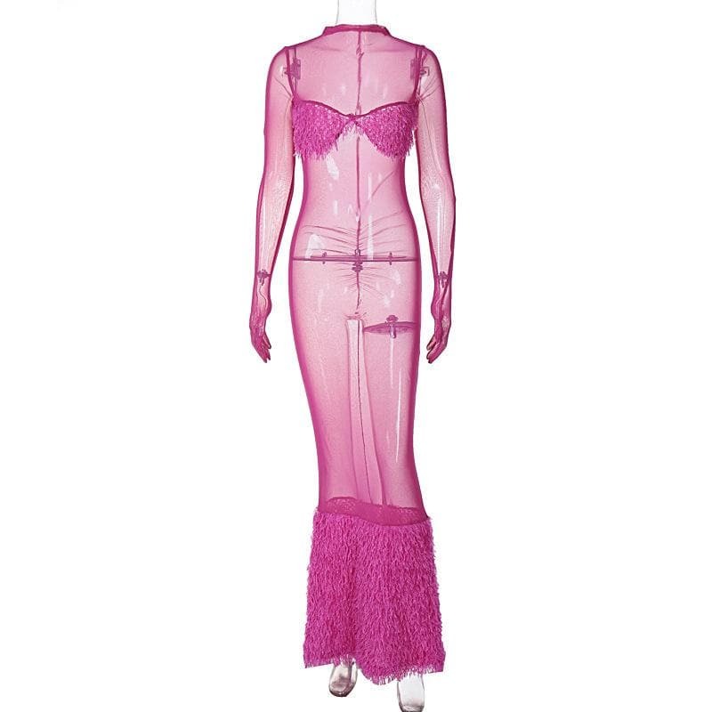 Chic Y2K Feather Mesh Maxi Dress with Long Sleeve Gloves - Coquette & Grunge Aesthetic