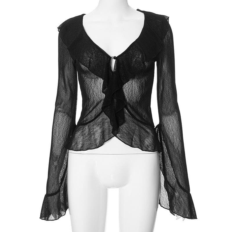 Chic Y2K Flared Sleeve Chiffon Ruffle Top - Perfect for Coquette & Grunge Aesthetics