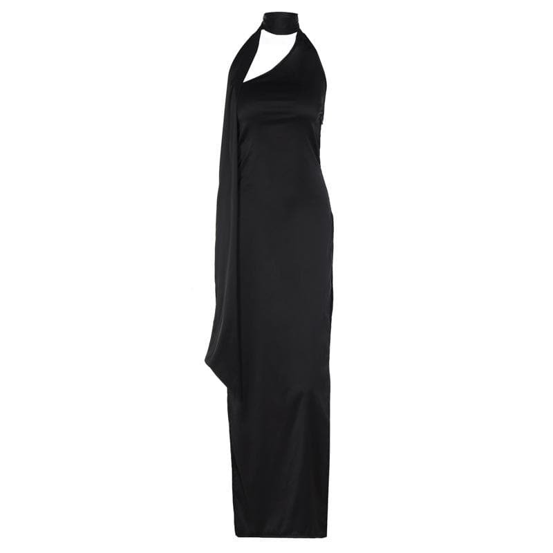 Chic Y2K Halter Maxi Dress - Irregular Sleeveless Backless with Slit & Self-Tie Detail