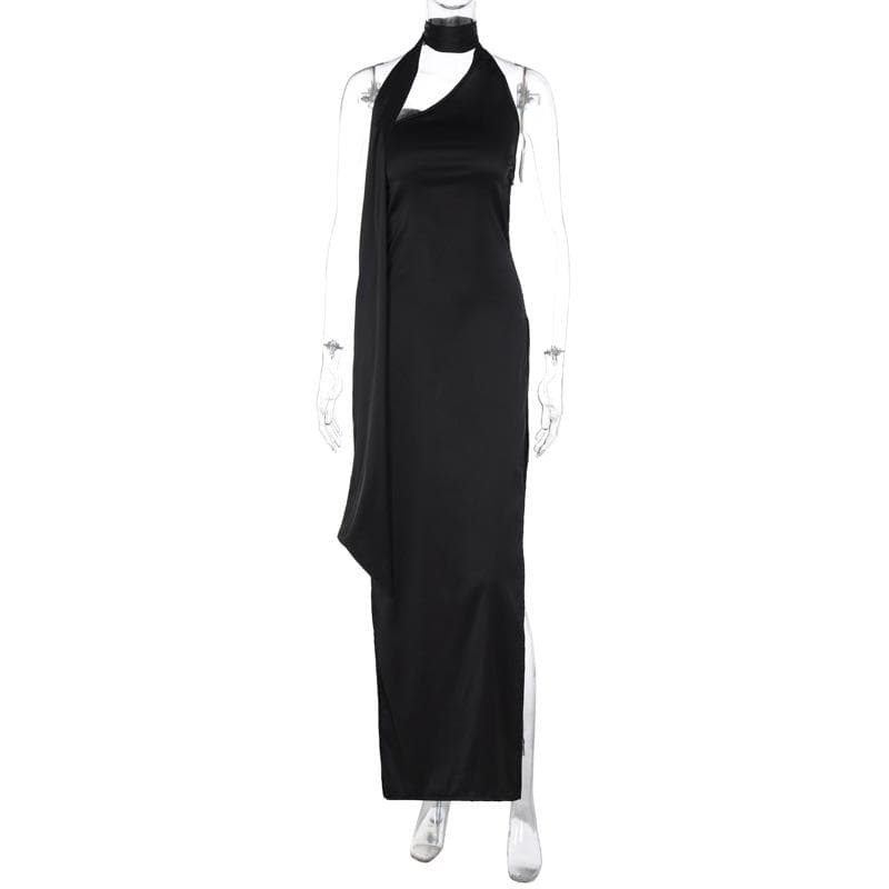 Chic Y2K Halter Maxi Dress - Irregular Sleeveless Backless with Slit & Self-Tie Detail