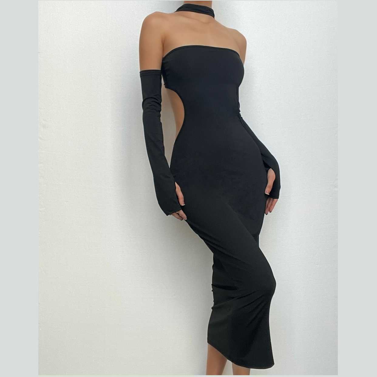 Chic Y2K Halter Midi Dress with Cut-Out Back, Solid Color & Button Detail for Aesthetic Vibes