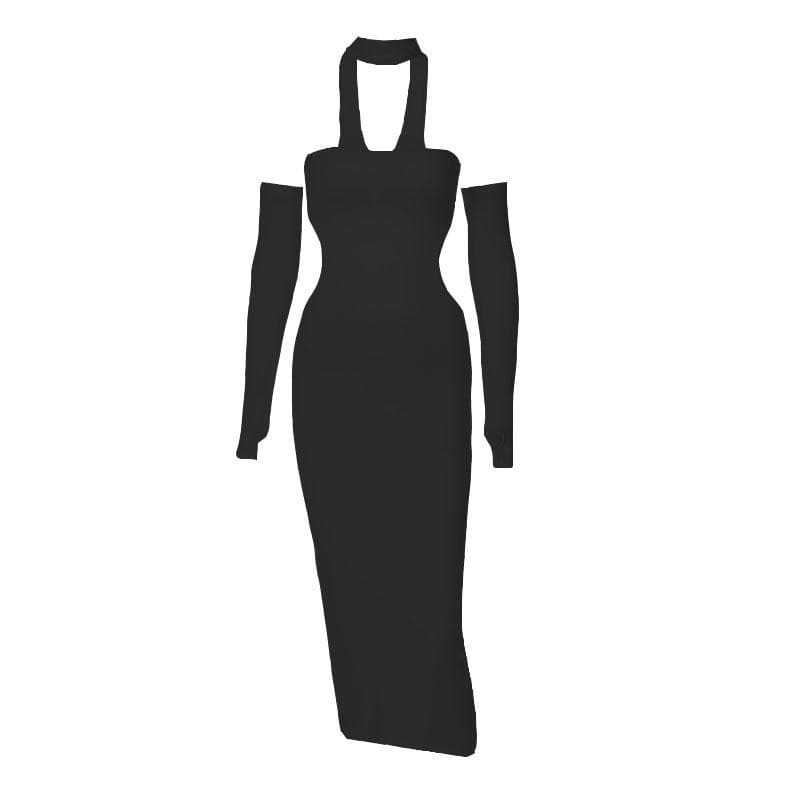 Chic Y2K Halter Midi Dress with Cut-Out Back, Solid Color & Button Detail for Aesthetic Vibes