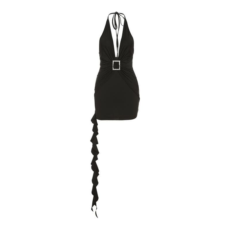 Chic Y2K Halter Mini Dress with Self-Tie Buckle Back - Perfect for Coquette & Grunge Aesthetics