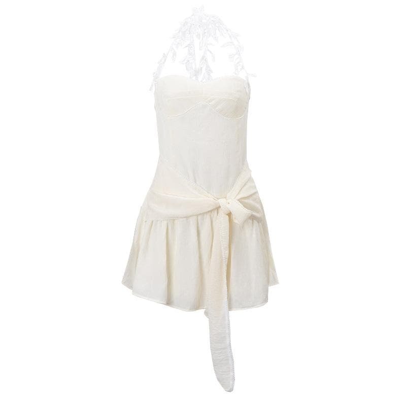 Chic Y2K Halter Mini Dress with Sweetheart Neck, Ruched Bowknot & Zip-Up Detail