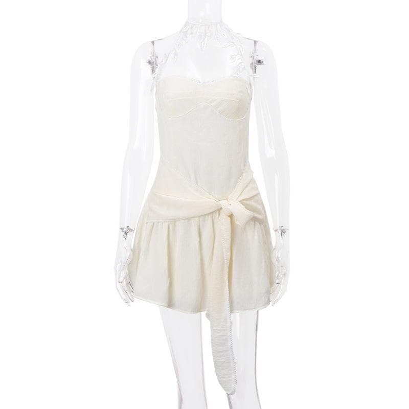 Chic Y2K Halter Mini Dress with Sweetheart Neck, Ruched Bowknot & Zip-Up Detail