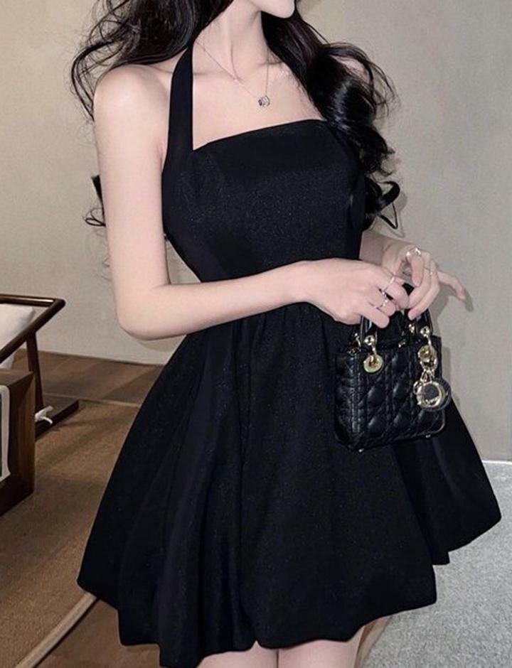 Chic Y2K Halter Neck A-Line Little Black Dress for Coquette & Grunge Aesthetics