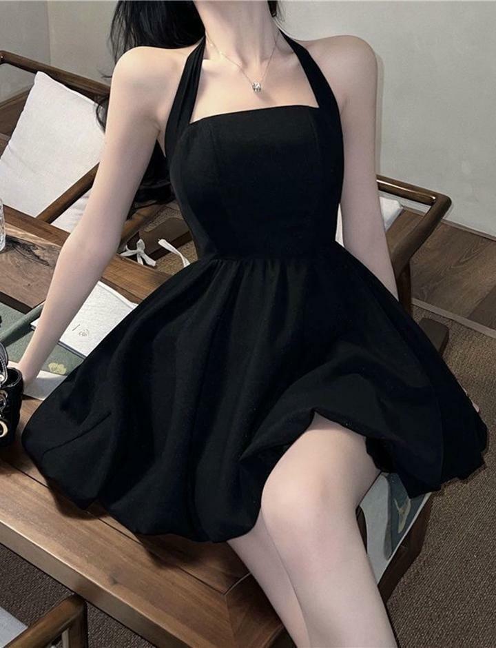 Chic Y2K Halter Neck A-Line Little Black Dress for Coquette & Grunge Aesthetics