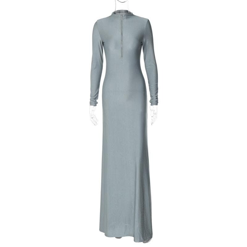 Chic Y2K High Neck Long Sleeve Zip-Up Maxi Dress - Coquette & Grunge Aesthetic Style