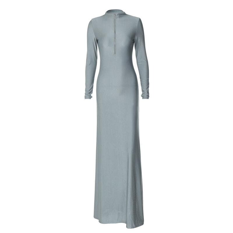 Chic Y2K High Neck Long Sleeve Zip-Up Maxi Dress - Coquette & Grunge Aesthetic Style