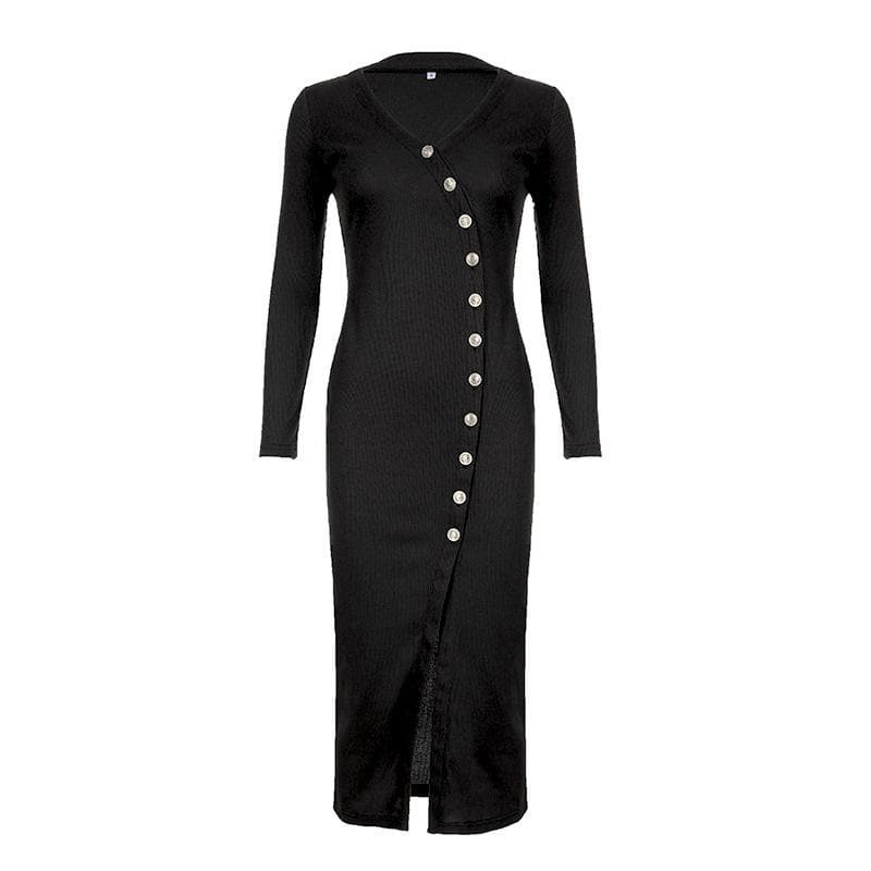Chic Y2K High Slit Midi Dress - Irregular V Neck for Coquette & Grunge Aesthetic Styles