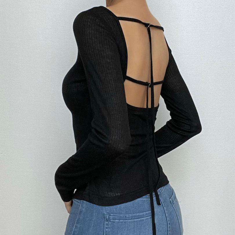 Chic Y2K Hollow Out Backless Long Sleeve Top - Cute Cut-Outs for Coquette & Grunge Aesthetics