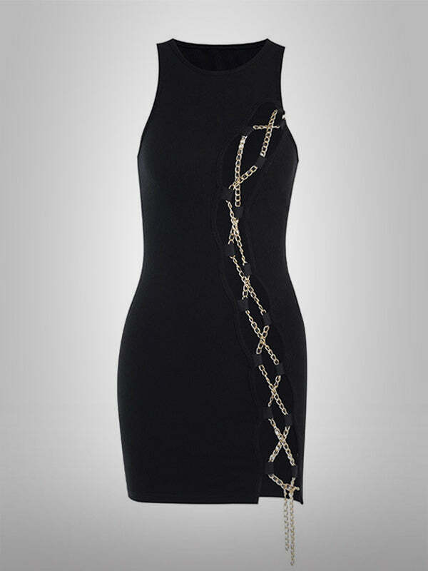 Chic Y2K Hollow Out Chained Dress - Grunge & Coquette Aesthetic for Trendy Outfits