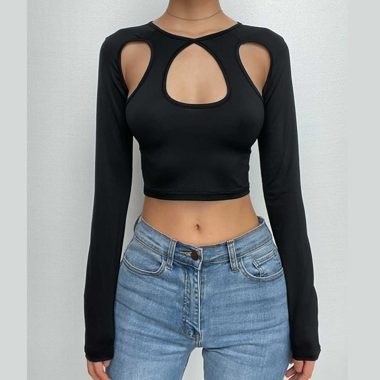 Chic Y2K Hollow Out Crop Top with Long Sleeve Gloves - Perfect for Coquette & Grunge Aesthetics