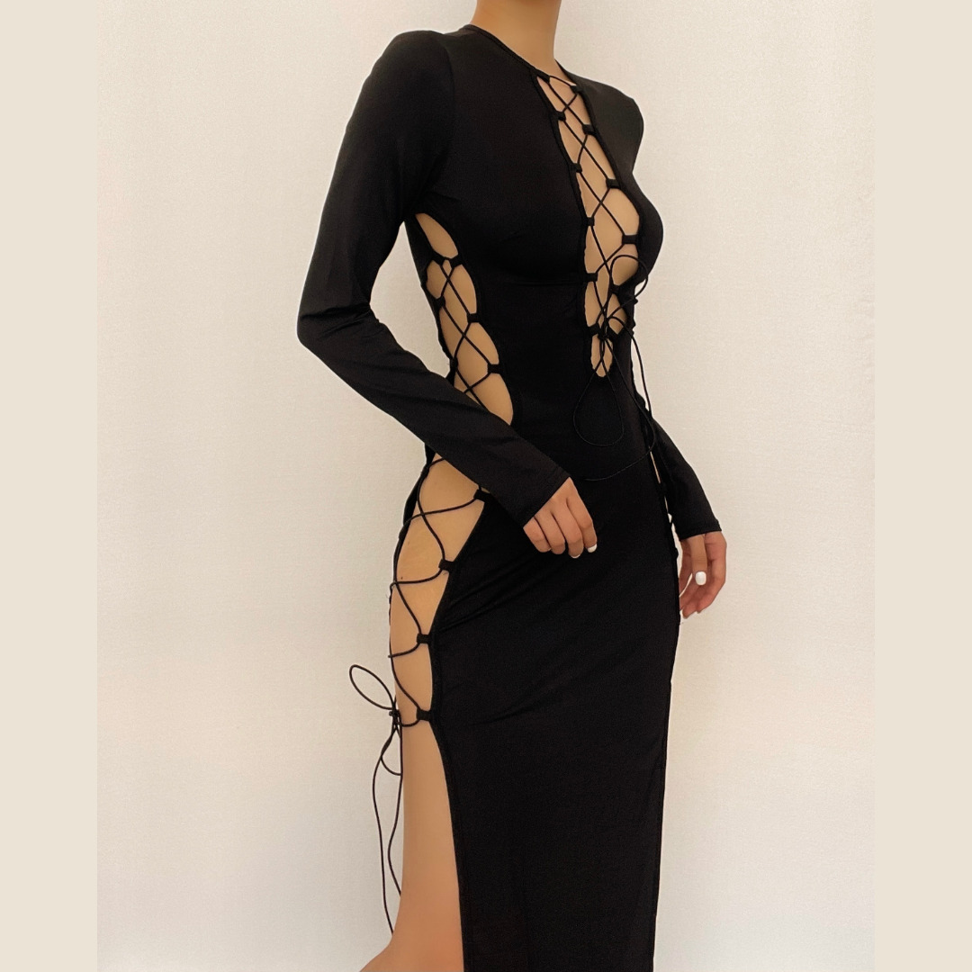 Chic Y2K Hollow Out Lace-Up Midi Dress - Coquette & Grunge Aesthetic Fashion
