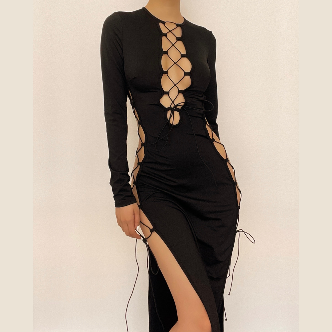 Chic Y2K Hollow Out Lace-Up Midi Dress - Coquette & Grunge Aesthetic Fashion