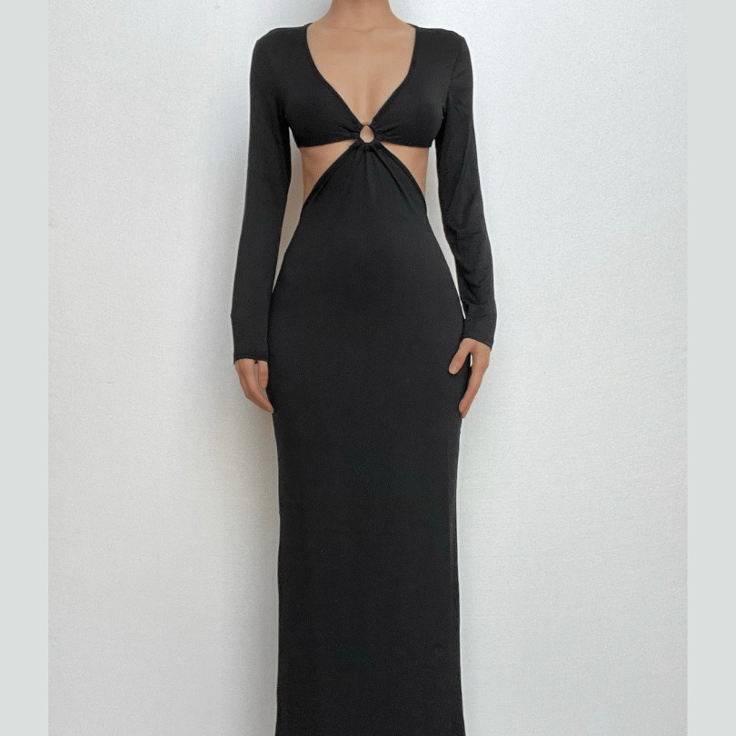 Chic Y2K Hollow Out Maxi Dress with O-Ring Detail - Perfect for Coquette & Grunge Aesthetics