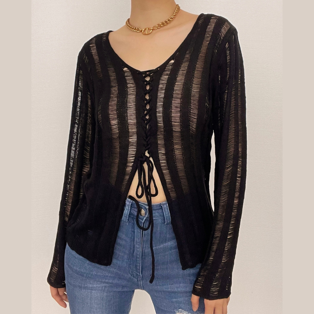 Chic Y2K Knitted Slit Lace-Up Top - Coquette & Grunge Aesthetic Long Sleeve Style