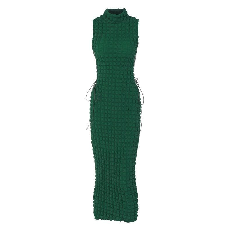 Chic Y2K Lace-Up Waffle Midi Dress - Coquette & Grunge Aesthetic Sleeveless Style