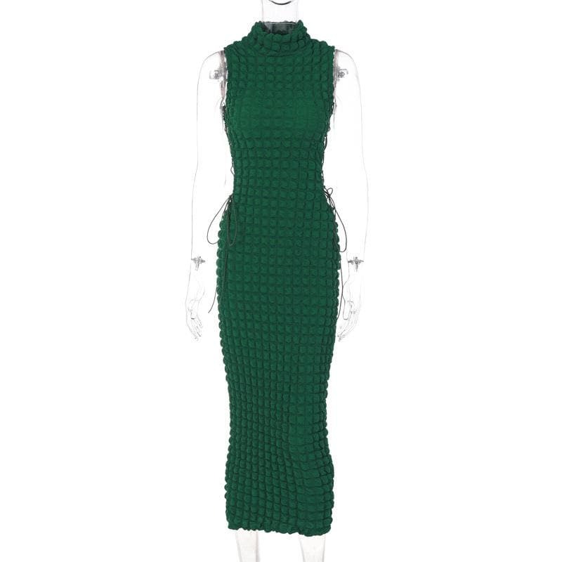 Chic Y2K Lace-Up Waffle Midi Dress - Coquette & Grunge Aesthetic Sleeveless Style