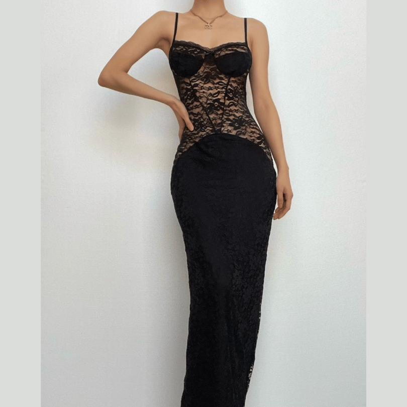 Chic Y2K Lace Maxi Dress with Button Slit & Zip-Up, Perfect for Coquette & Grunge Aesthetics
