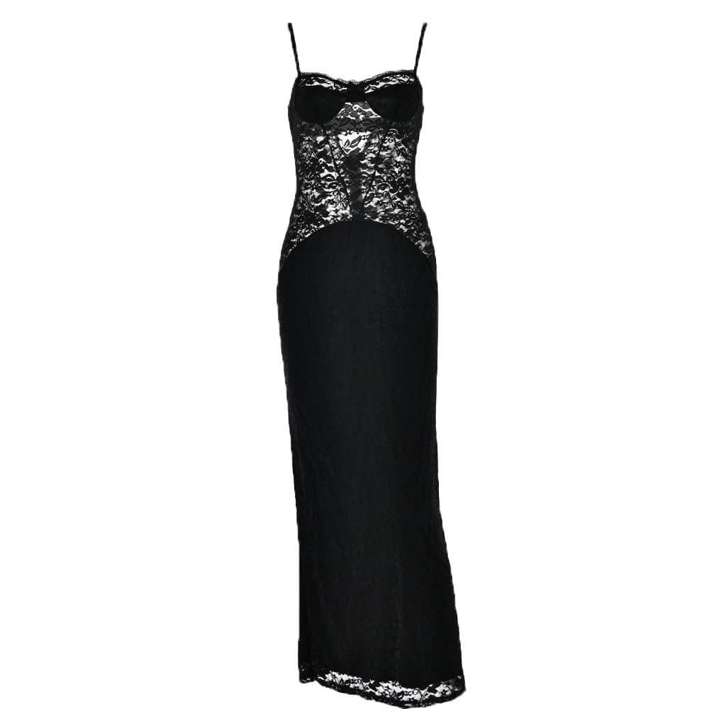 Chic Y2K Lace Maxi Dress with Button Slit & Zip-Up, Perfect for Coquette & Grunge Aesthetics