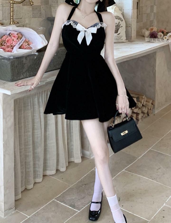 Chic Y2K Little Black Dress with Contrast Color Bowknot - Perfect for Coquette & Grunge Aesthetics