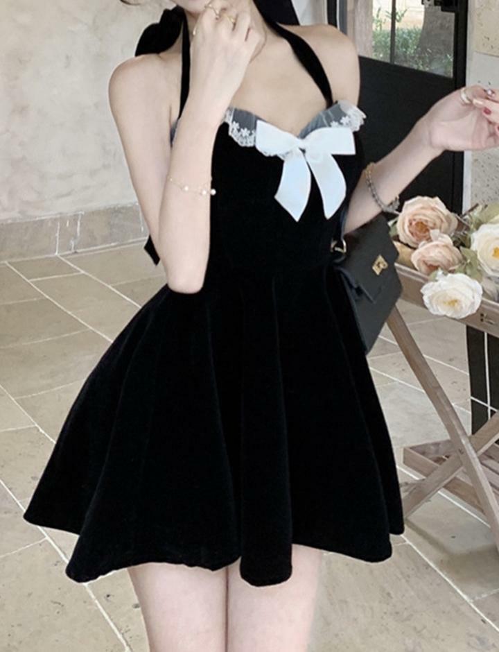 Chic Y2K Little Black Dress with Contrast Color Bowknot - Perfect for Coquette & Grunge Aesthetics