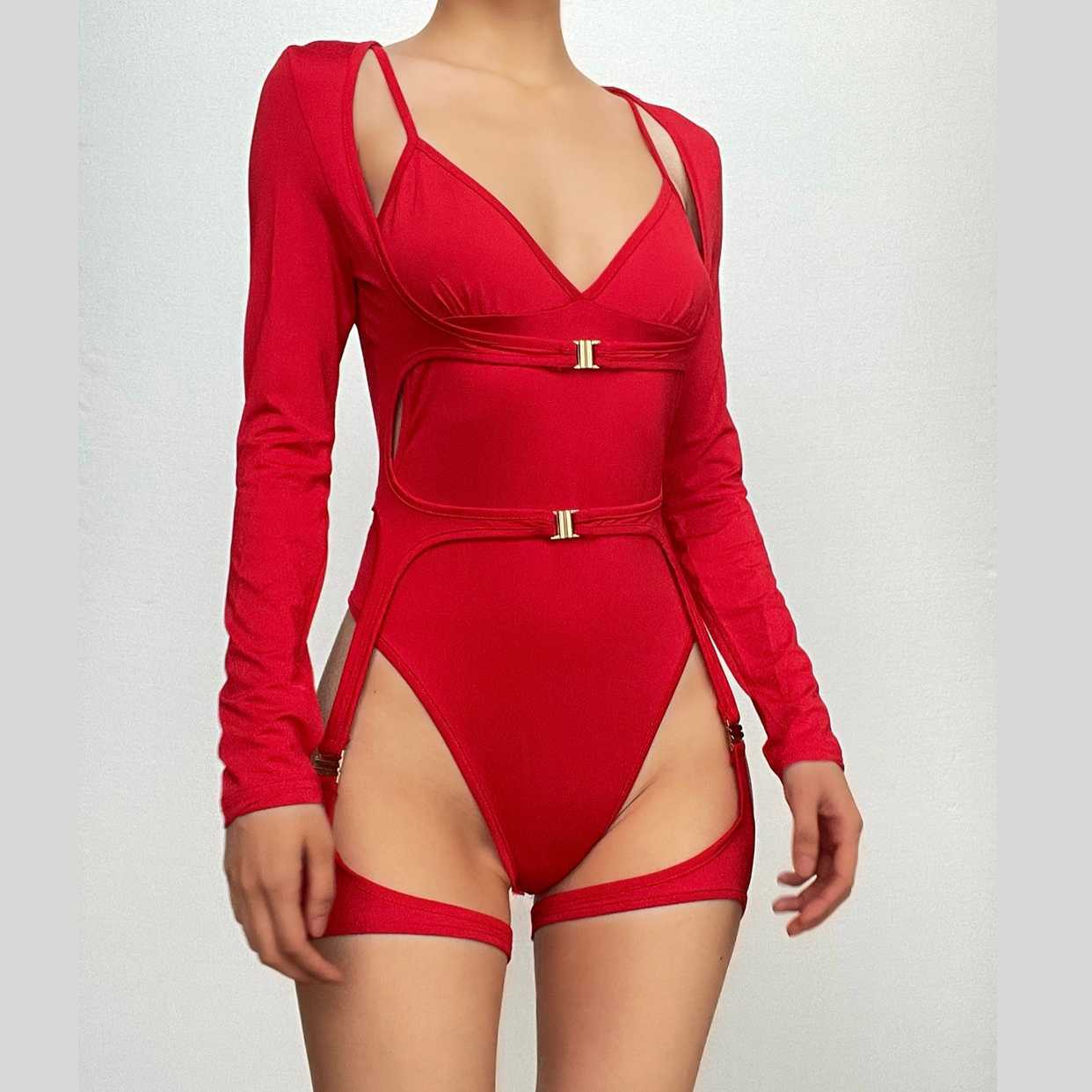 Chic Y2K Long Sleeve V-Neck Bodysuit with Hollow Out Buckle - Perfect for Coquette & Grunge Aesthetics