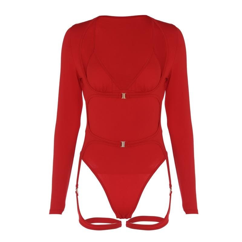 Chic Y2K Long Sleeve V-Neck Bodysuit with Hollow Out Buckle - Perfect for Coquette & Grunge Aesthetics
