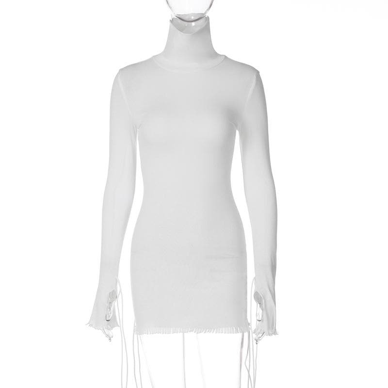 Chic Y2K Mini Dress with High Neck, Long Sleeve, and Tassel Details - Perfect for Coquette & Grunge Aesthetics