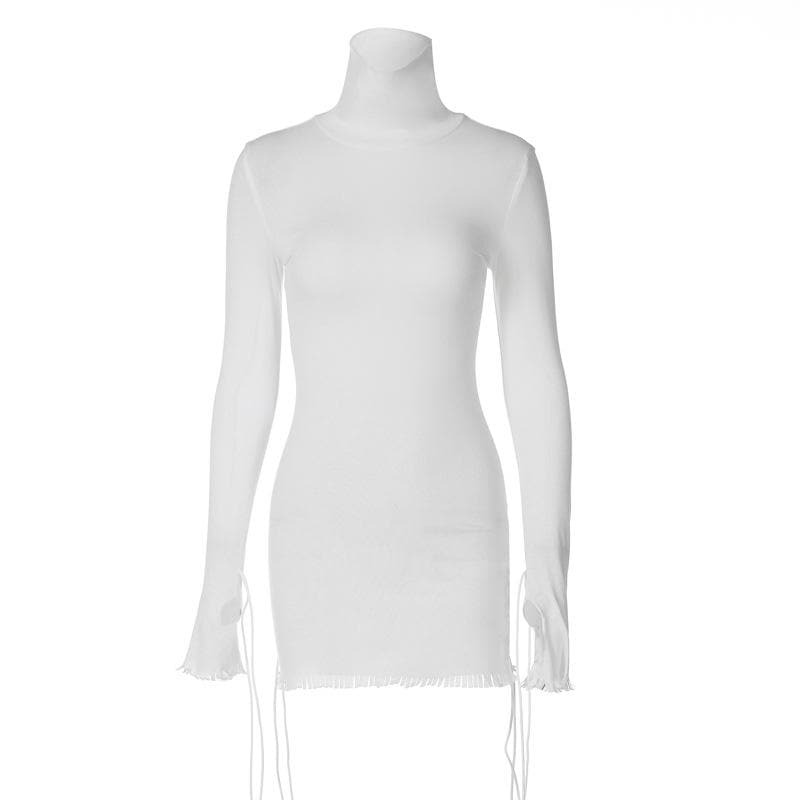 Chic Y2K Mini Dress with High Neck, Long Sleeve, and Tassel Details - Perfect for Coquette & Grunge Aesthetics