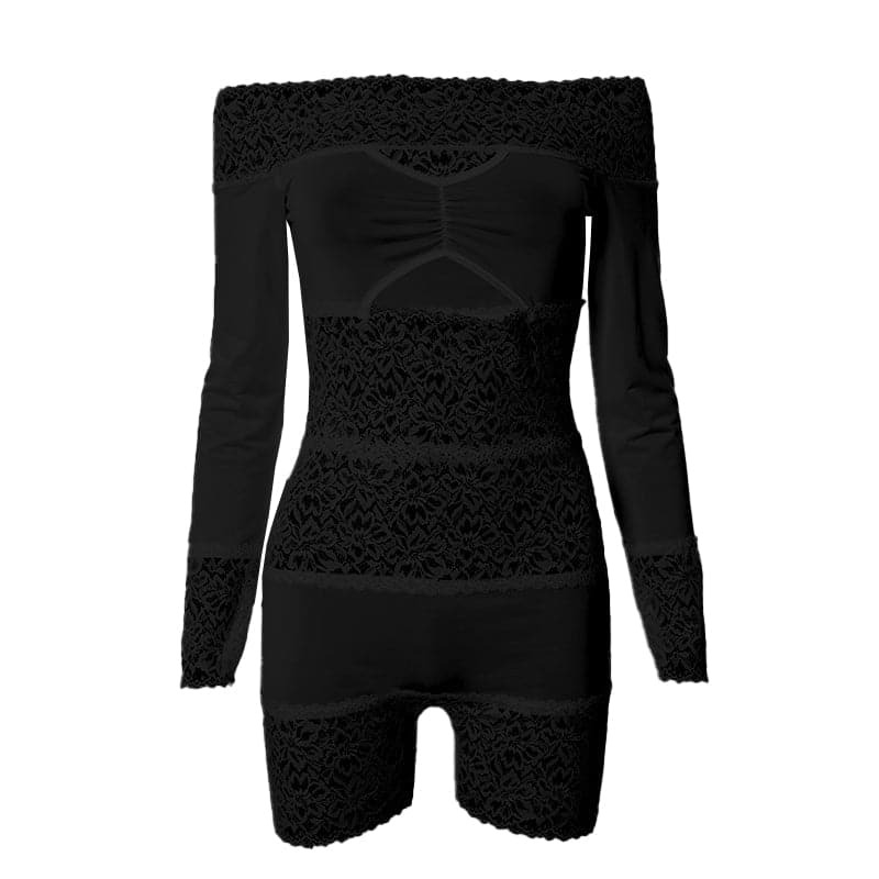 Chic Y2K Off-Shoulder Lace Romper with Hollow Out Design - Perfect for Coquette & Grunge Aesthetics