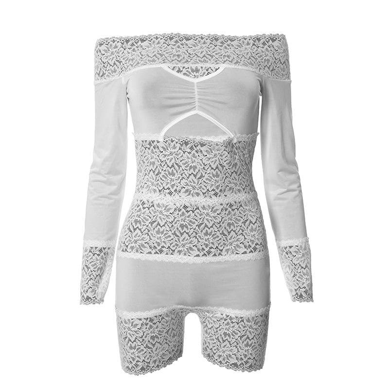 Chic Y2K Off-Shoulder Lace Romper with Hollow Out Design - Perfect for Coquette & Grunge Aesthetics