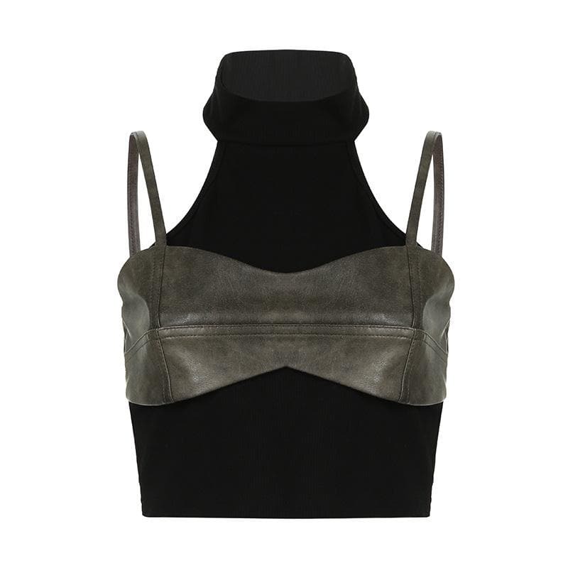 Chic Y2K Off-Shoulder PU Leather Patchwork Top - Grunge & Coquette Aesthetic Style