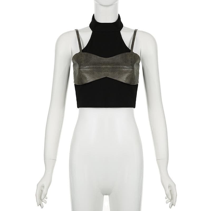 Chic Y2K Off-Shoulder PU Leather Patchwork Top - Grunge & Coquette Aesthetic Style