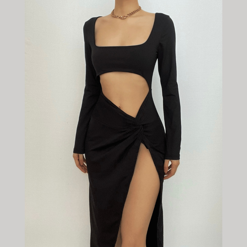 Chic Y2K Ruched Cut-Out Midi Dress with Slit - Perfect for Coquette & Grunge Aesthetics