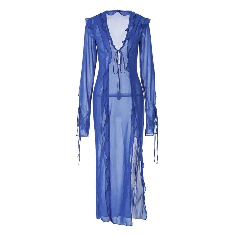 Chic Y2K Style Chiffon Maxi Dress with V-Neck & Self-Tie, Perfect for Coquette Aesthetic