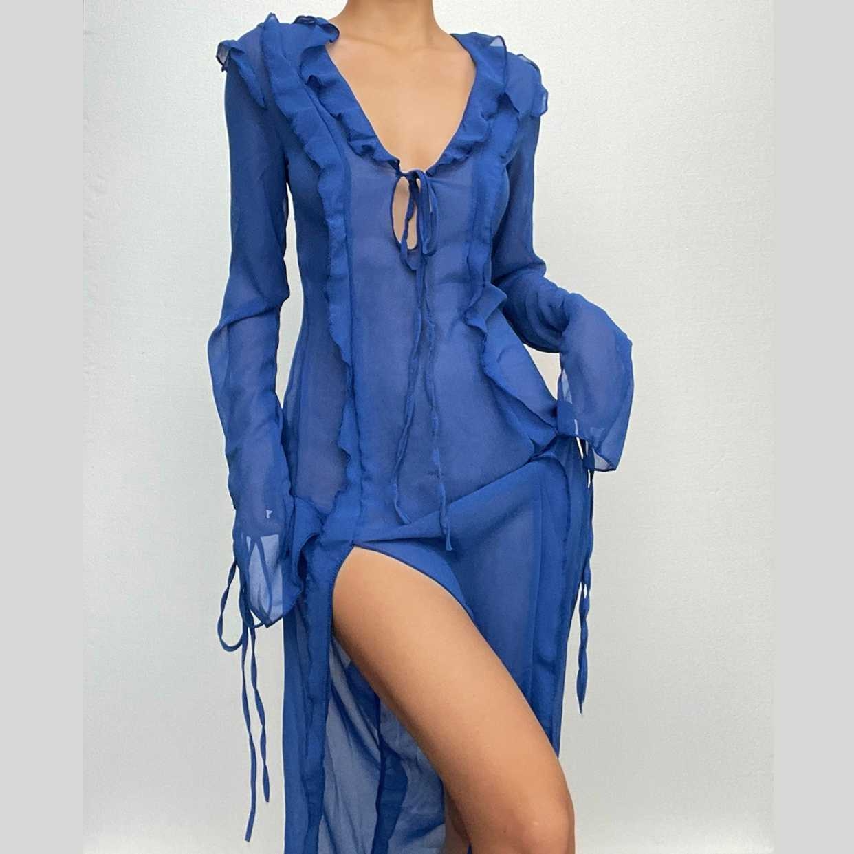 Chic Y2K Style Chiffon Maxi Dress with V-Neck & Self-Tie, Perfect for Coquette Aesthetic