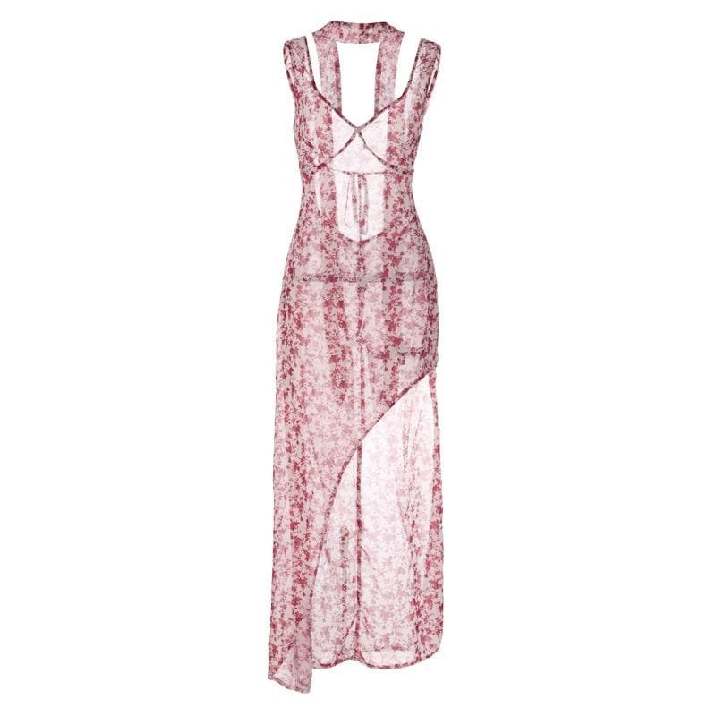 Chiffon Flower Print Backless V-Neck Maxi Dress - Y2K Aesthetic & Coquette Style