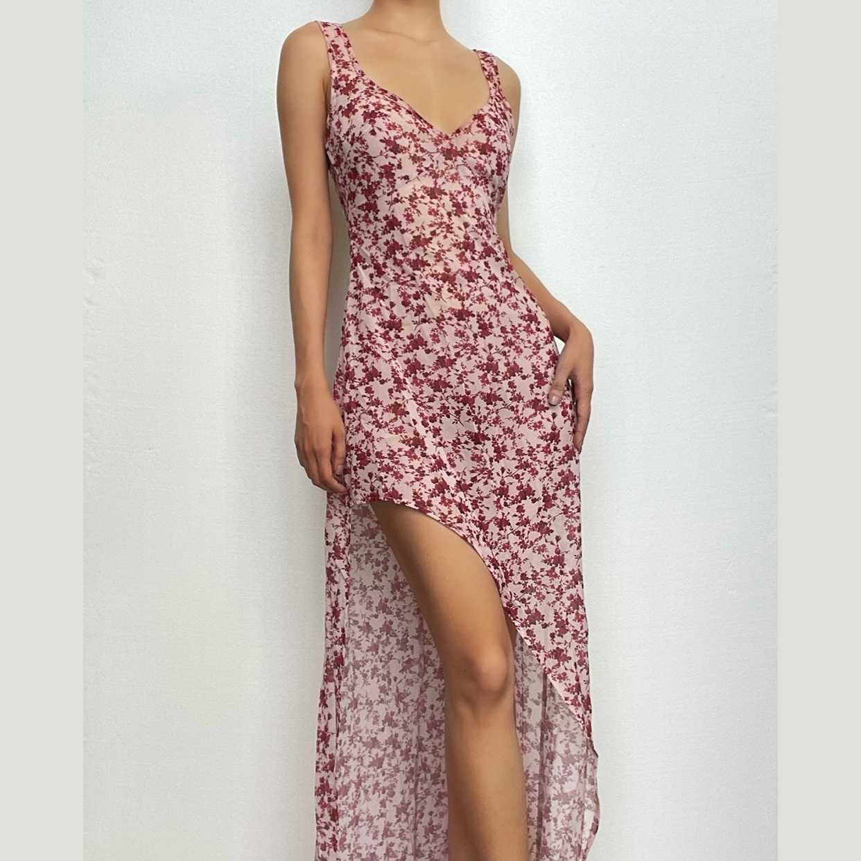 Chiffon Flower Print Backless V-Neck Maxi Dress - Y2K Aesthetic & Coquette Style