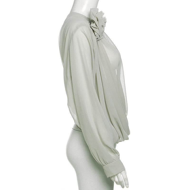 Chiffon Off-Shoulder Ruched Top with Flower Appliqu� - Y2K Coquette Aesthetic Fashion