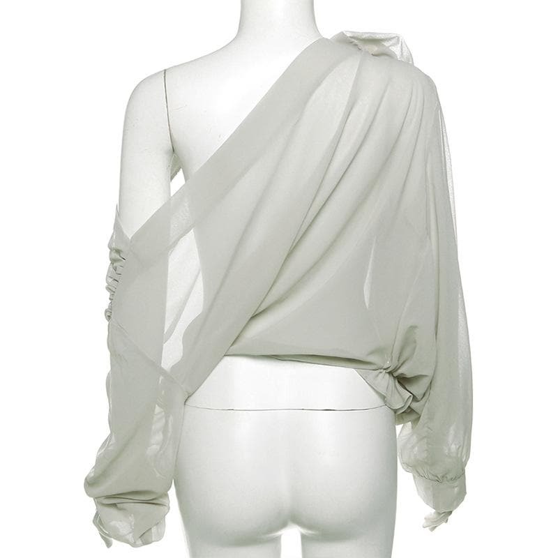 Chiffon Off-Shoulder Ruched Top with Flower Appliqu� - Y2K Coquette Aesthetic Fashion