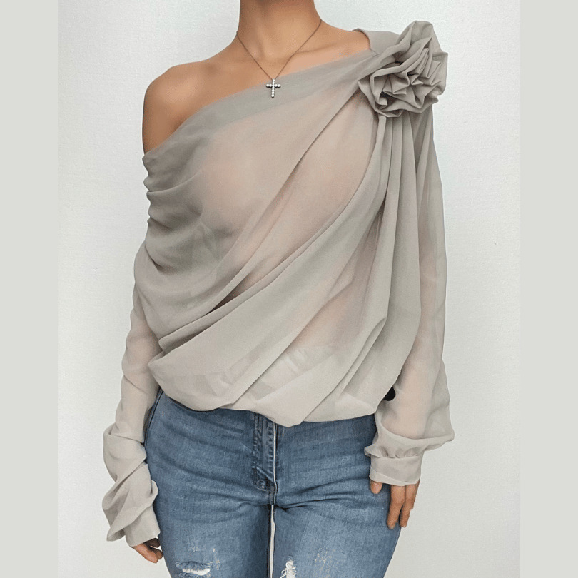 Chiffon Off-Shoulder Ruched Top with Flower Appliqu� - Y2K Coquette Aesthetic Fashion