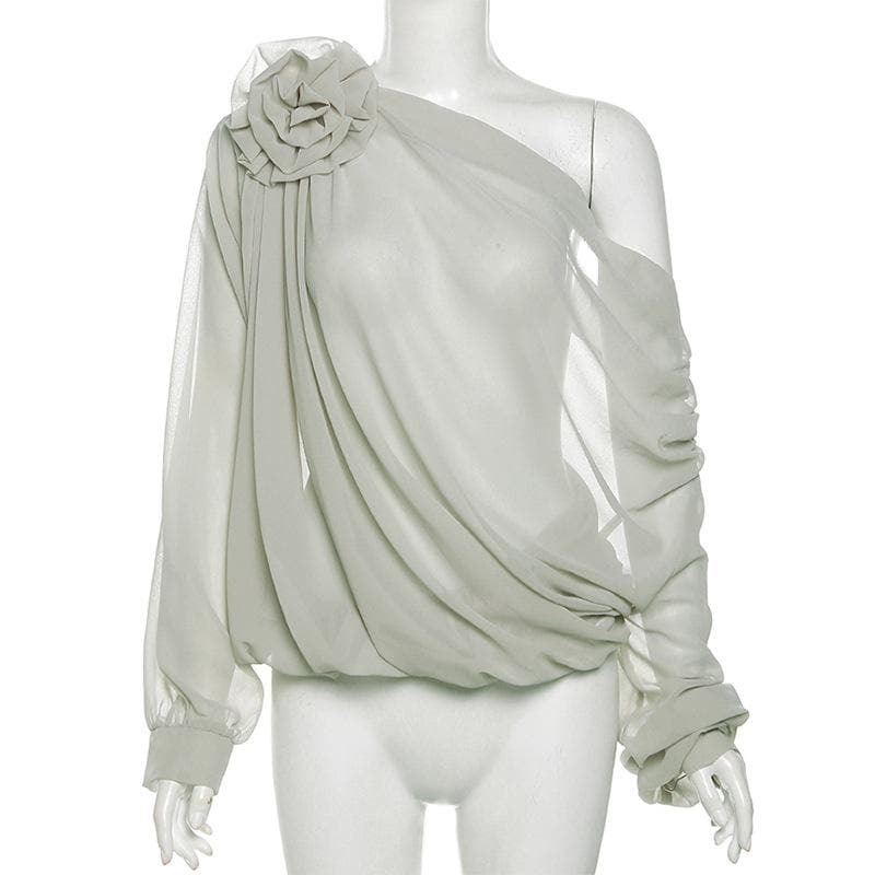 Chiffon Off-Shoulder Ruched Top with Flower Appliqu� - Y2K Coquette Aesthetic Fashion