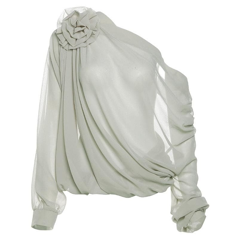 Chiffon Off-Shoulder Ruched Top with Flower Appliqu� - Y2K Coquette Aesthetic Fashion