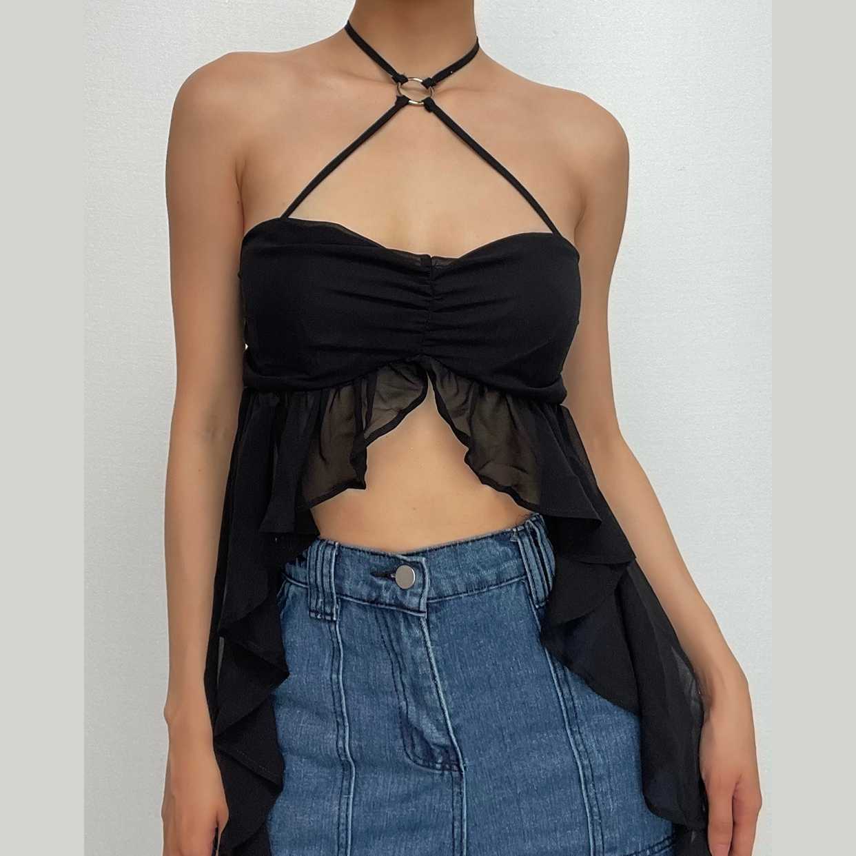 Chiffon Ruffle O-Ring Ruched Halter Backless Crop Top - Y2K Coquette Aesthetic Fashion