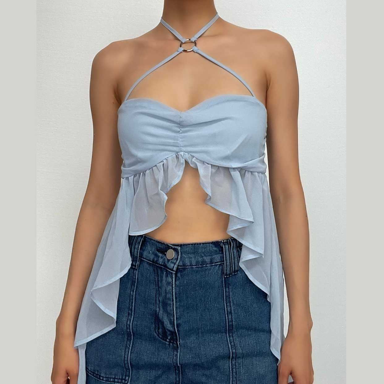 Chiffon Ruffle O-Ring Ruched Halter Backless Crop Top - Y2K Coquette Aesthetic Fashion